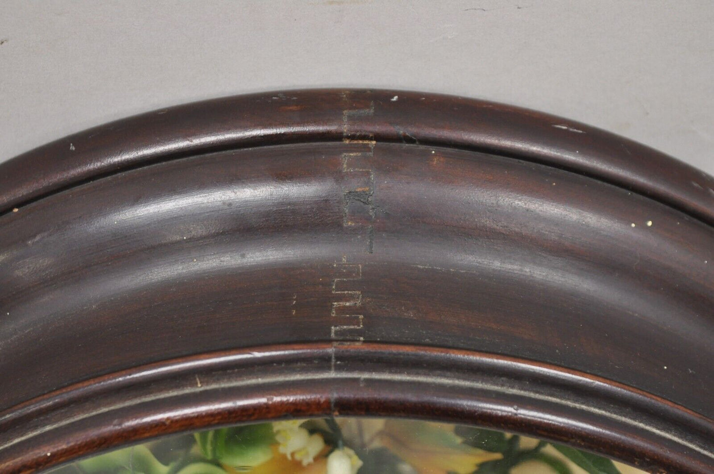 Antique Victorian Wax Floral Mourning Wreath Oval Mahogany Shadow Box Oddity