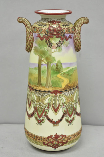 Antique Nippon Hand Painted Porcelain Countryside Moriage Tall Twin Handle Vase