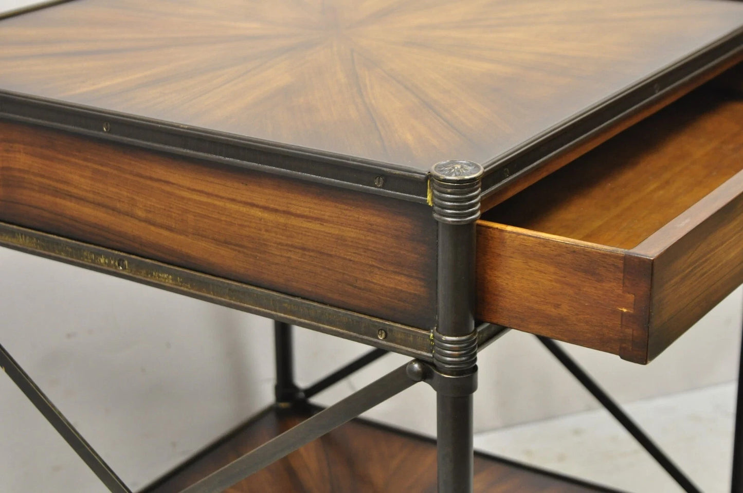 Industrial Style Iron and Wood X-Frame One Drawer Square Modern Side End Table