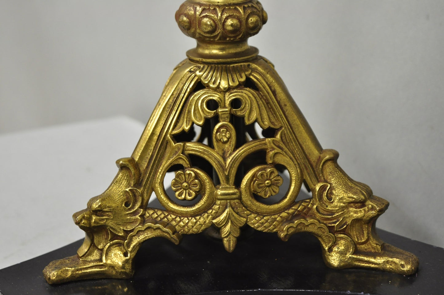 Antique French Renaissance Gothic Figural Brass Candlestick Column Table Lamp