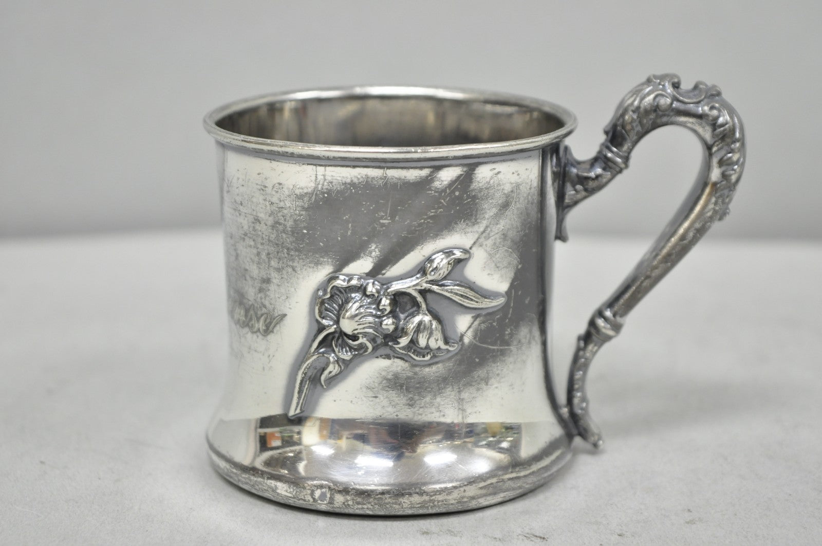 Antique Forbes Silver Co Art Nouveau Floral Monogramed Silver Plated Shaving Mug