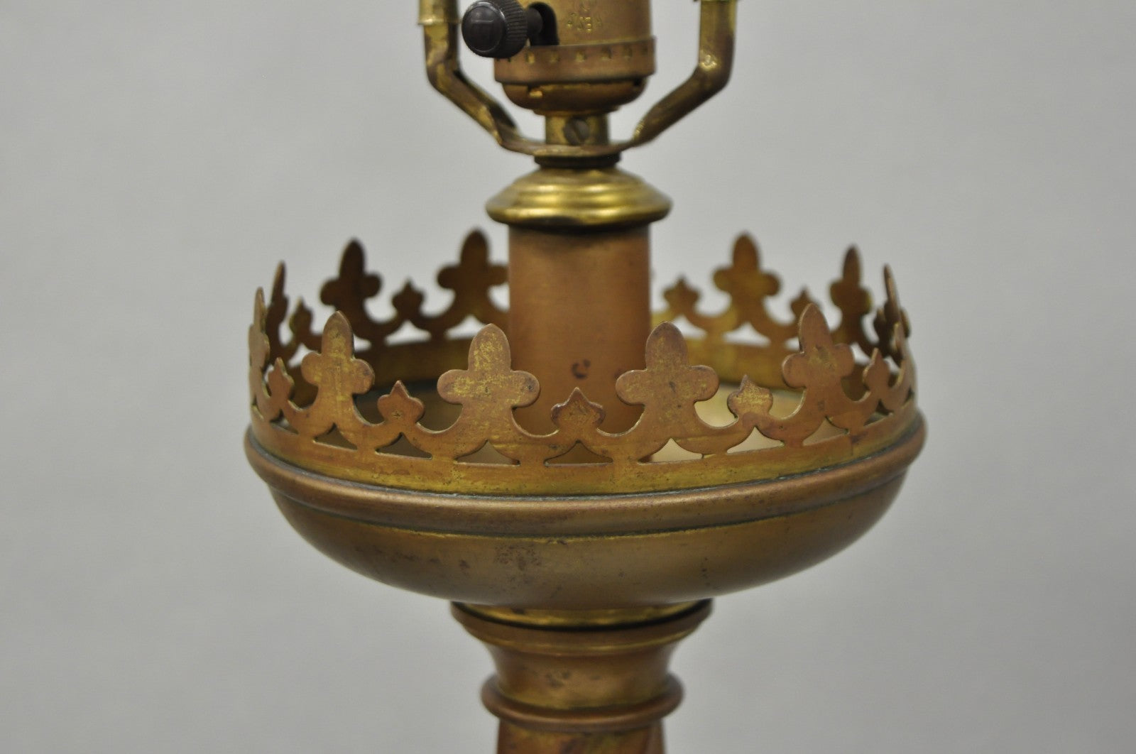 Antique English Renaissance Gothic Patinated Brass Candlestick Table Lamps Pair