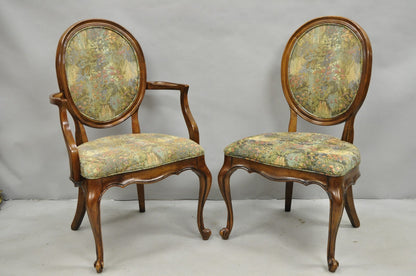 Vintage French Provincial Oval Balloon Back Upholstered Dining Chairs - Set of 8