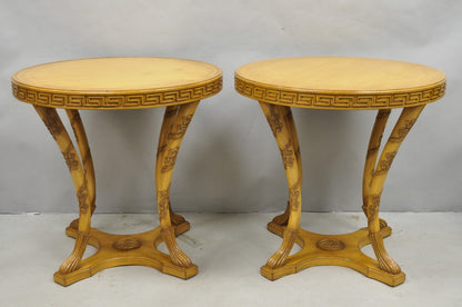 Vintage Italian Regency Round Leather Top Greek Key Carved Side Tables - a Pair