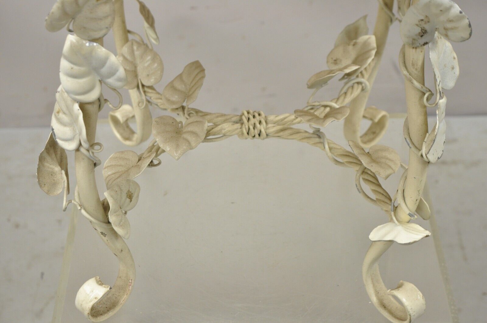 Vtg Italian Hollywood Regency Metal Floral White Rope Form Vintage Bench Stool