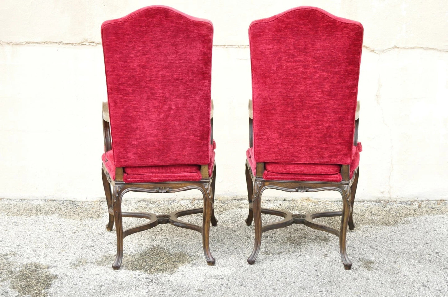 Vintage Italian Regency Style Carved Walnut Red Fabric Dining Chairs - Set of 6