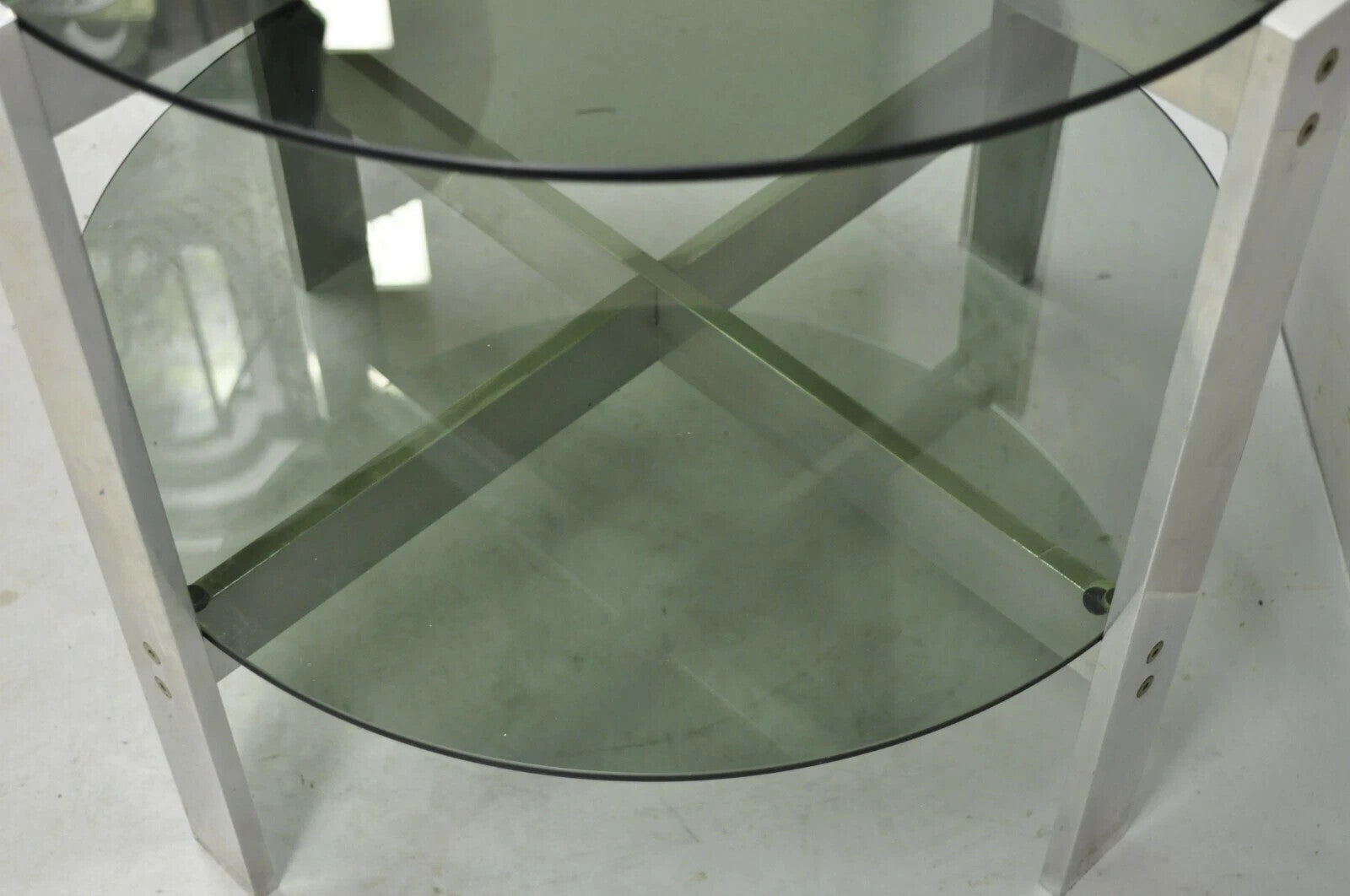 Vintage Mid Century Modern Round Smoked Glass 2 Tier Aluminum Base Side Table