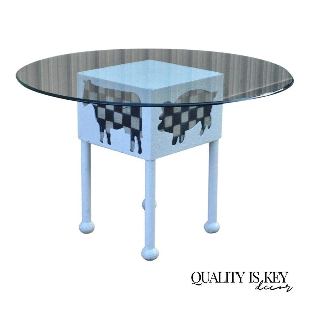 Farmhouse "Butcher" Cow & Pig Painted White & Black Metal & Glass Dining Table