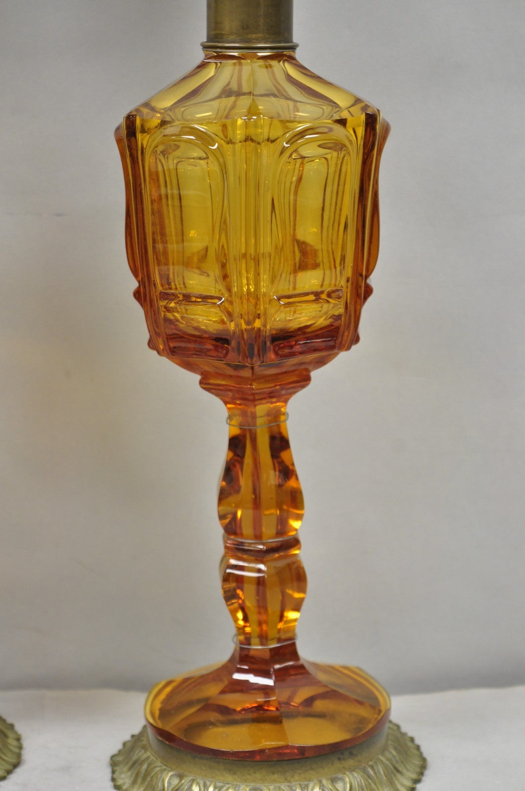 Antique French Victorian Amber Glass & Bronze Converted Oil Lamp Table Lamp Pair