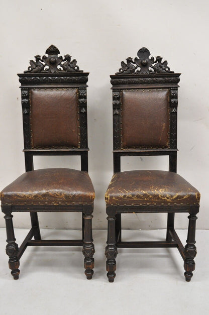 Antique Spanish Renaissance Carved Oak Wood Figural Leather Side Chairs - a Pair