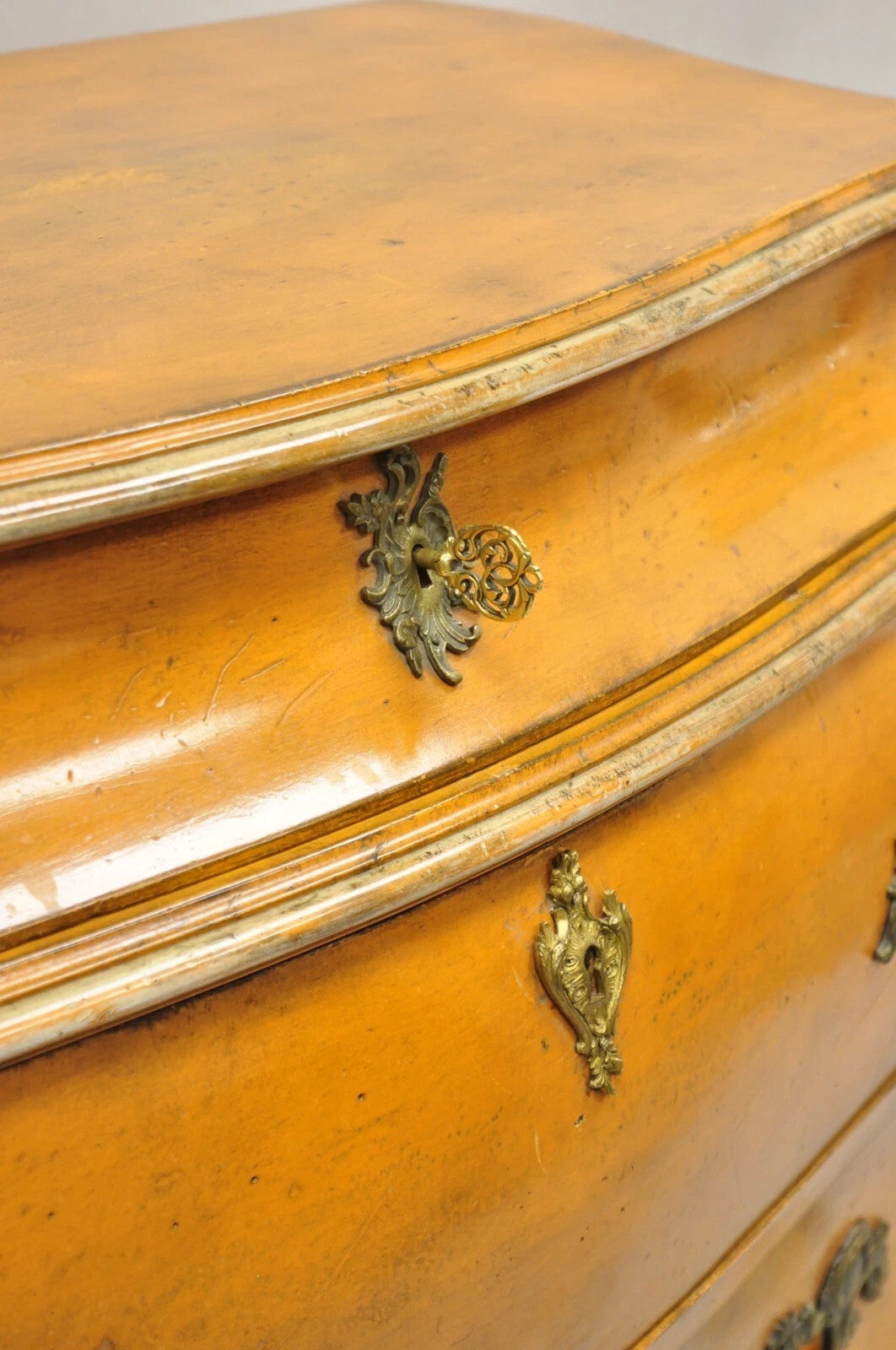 Antique Italian Rococo Louis XV Orange Painted Bombe Commode Chest of Drawers