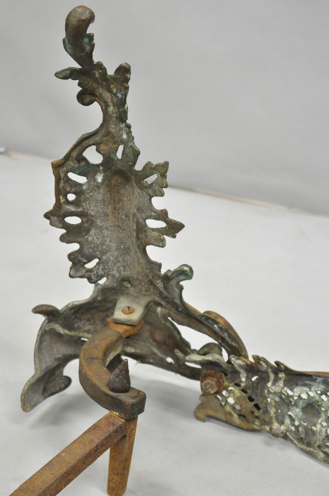 Antique French Louis XV Patinated Brass Bronze Small Fireplace Andirons & Fender
