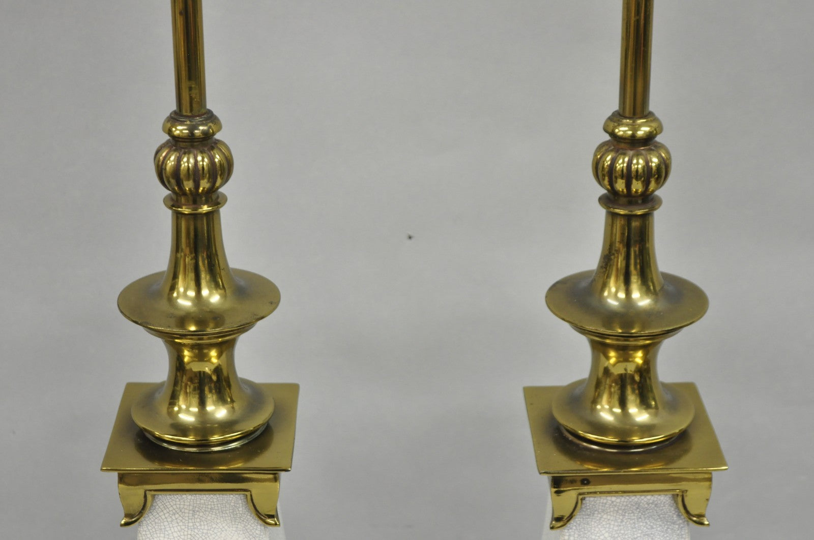 Stiffel Hollywood Regency Tall Crackle Glazed Ceramic & Brass Table Lamps a Pair