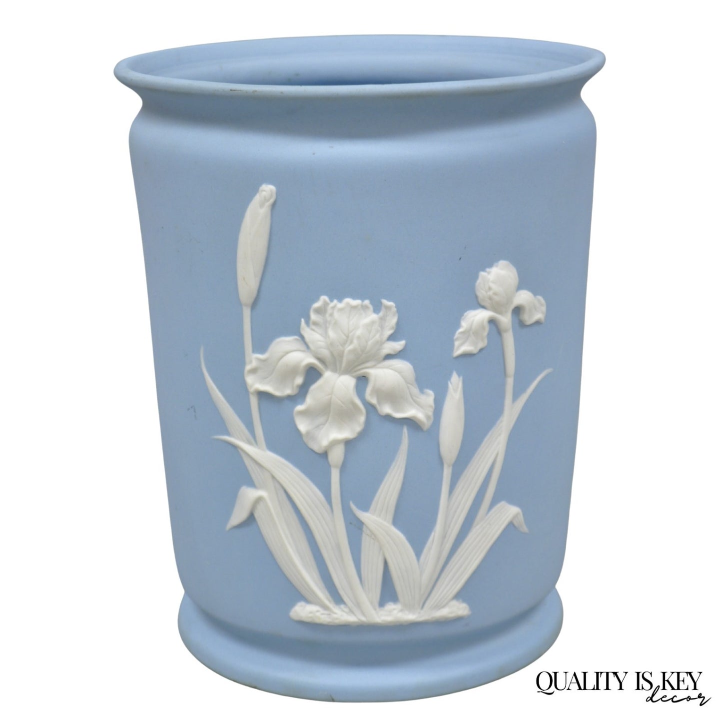 Vintage Flambro Cameo Iris Blue Jasperware Wedgwood Style Floral Cachepot Vase