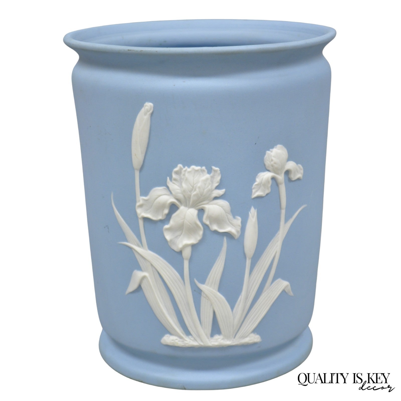 Vintage Flambro Cameo Iris Blue Jasperware Wedgwood Style Floral Cachepot Vase