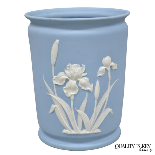 Vintage Flambro Cameo Iris Blue Jasperware Wedgwood Style Floral Cachepot Vase