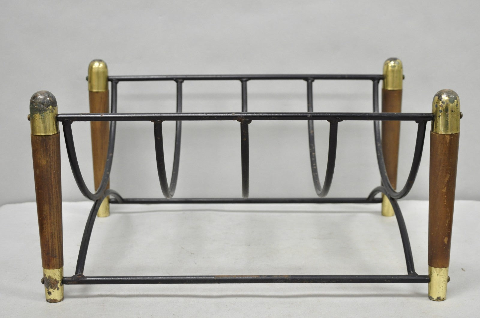 Mid Century Modern Wood & Wrought Iron Magazine Rack Fireplace Log Holder