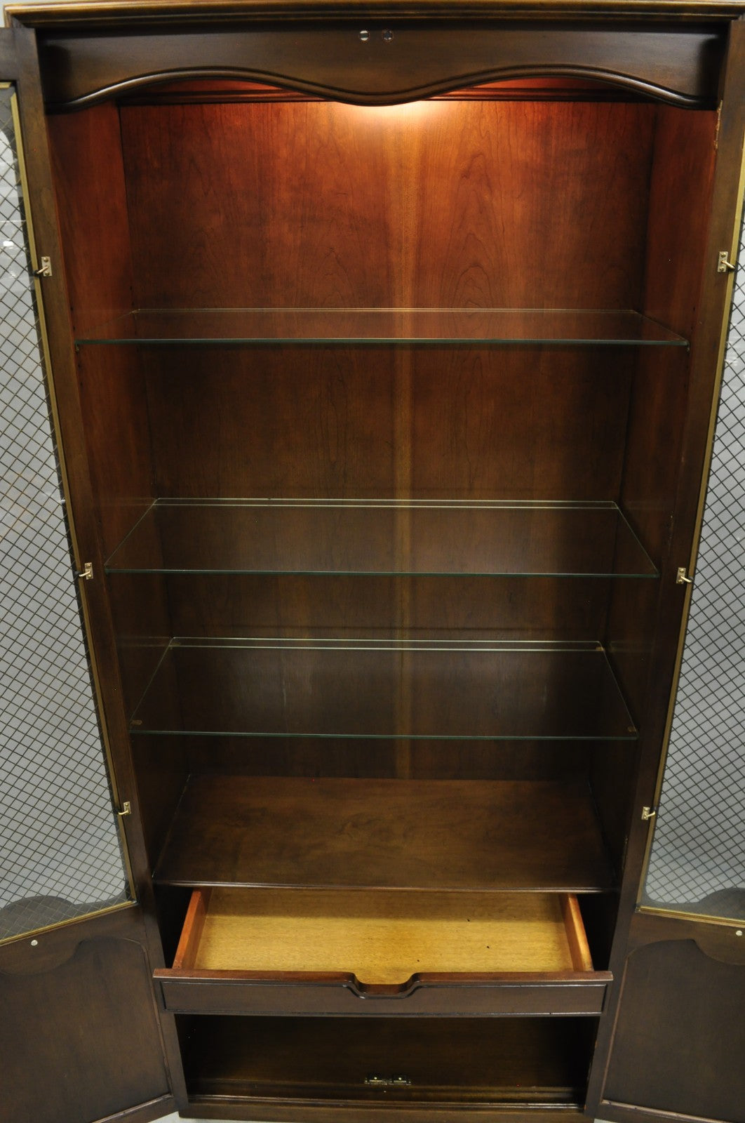 Vintage French Country Dark Cherry Wood Tall Lighted Curio Display Cabinet Pair