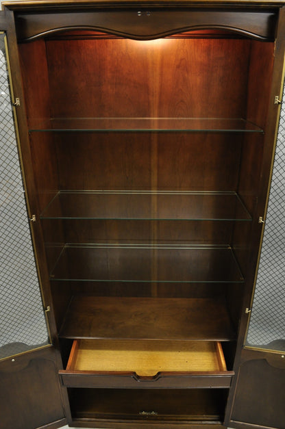 Vintage French Country Dark Cherry Wood Tall Lighted Curio Display Cabinet Pair
