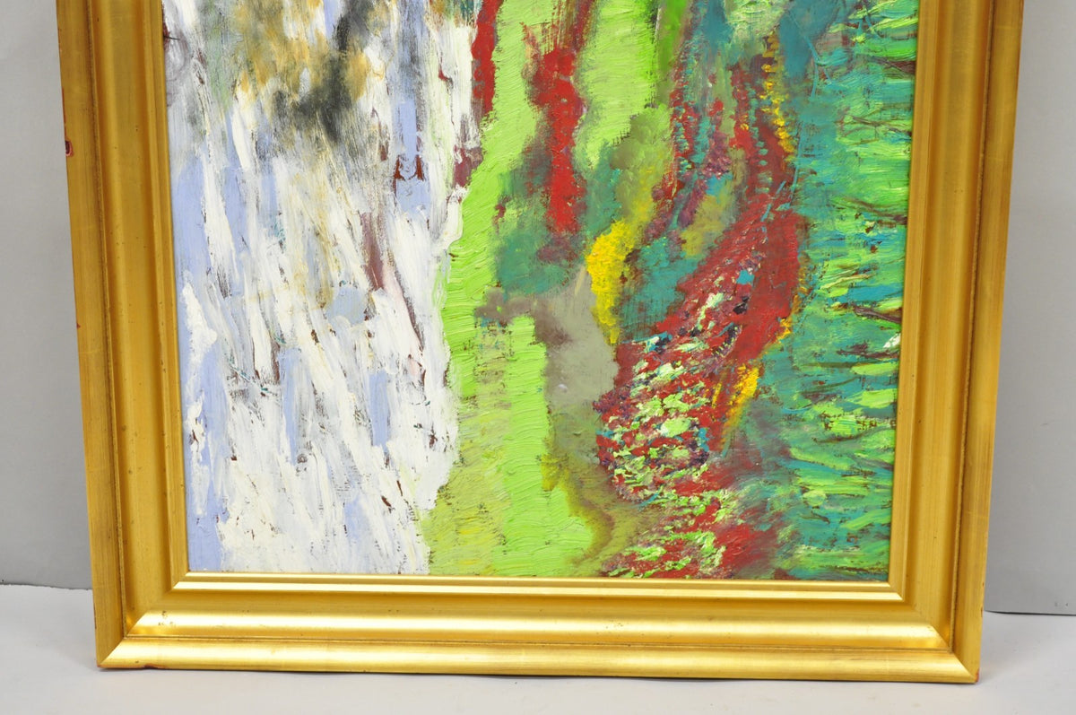 Large Impressionist Style Young Woman in Field Oil on Wood Board Framed Painting