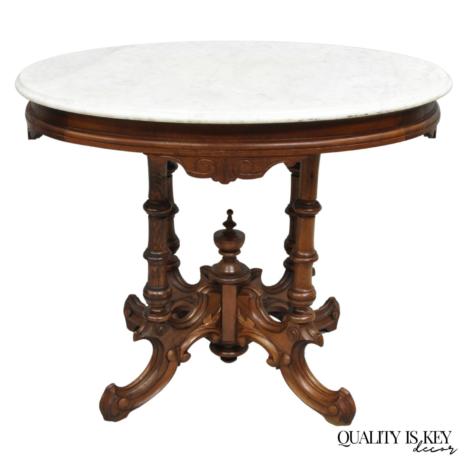 Antique Eastlake Victorian Carved Walnut Pedestal Base Marble Top Parlor Table