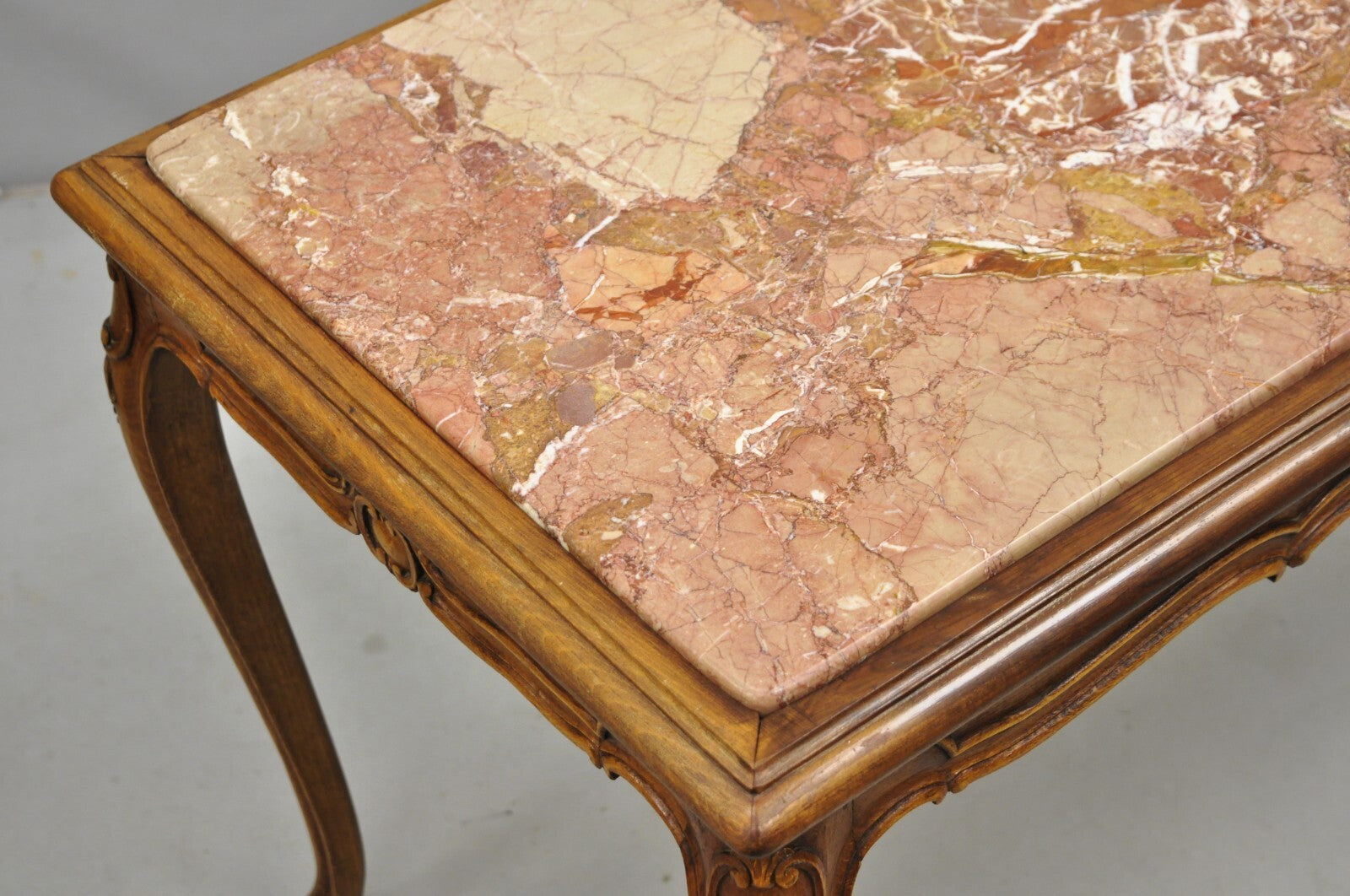Antique French Louis XV Style Carved Walnut Rouge Marble Top Console Hall Table