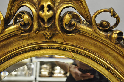 Antique French Victorian Gold Gilt Scroll Oval Beveled Glass Wall Mirror
