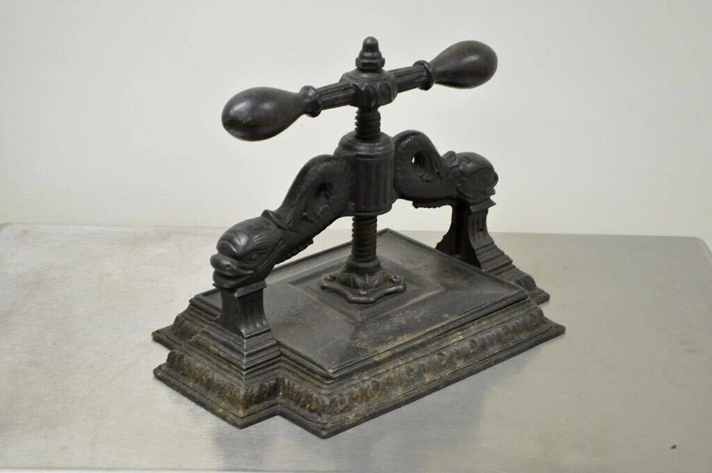 Antique 19th C. Cast Iron Classical Figural Dolphin Victorian Book Press