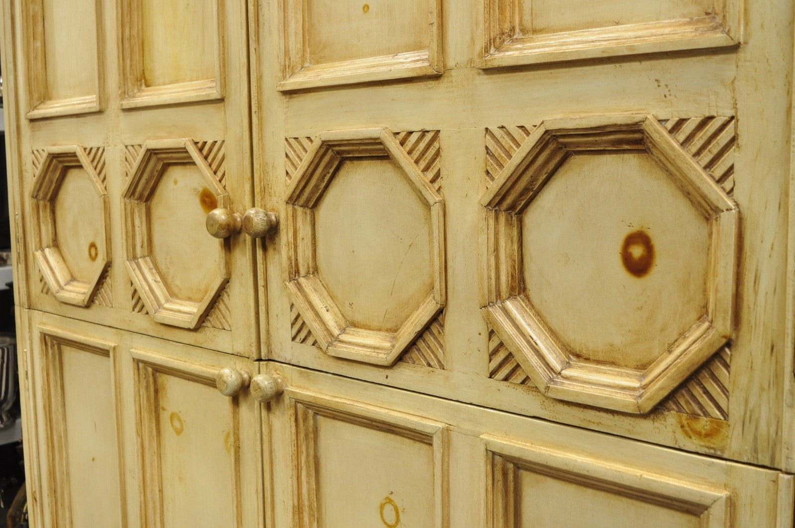 French Country Provincial Distressed Knotty Pine Wood 2 Part Cupboard Cabinet