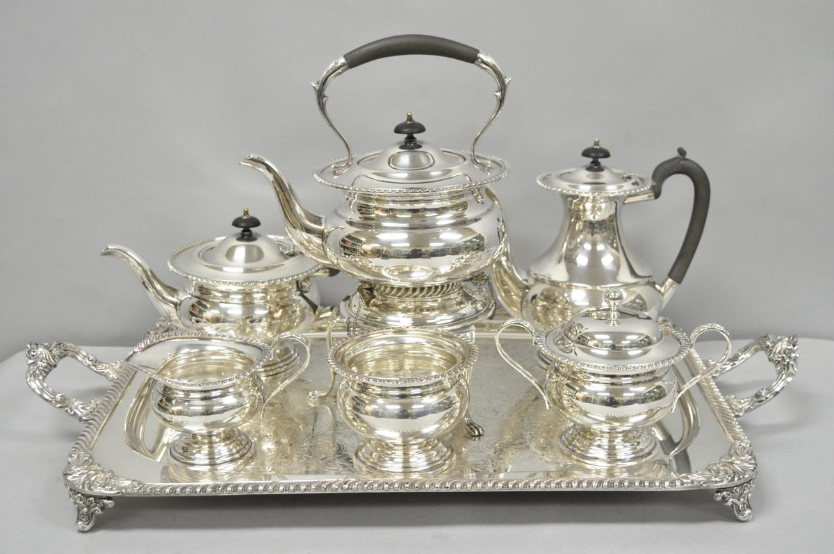 Vintage English Sheffield Edwardian Silver Plated Tea Set w/ Tilting Pot 7 Pcs