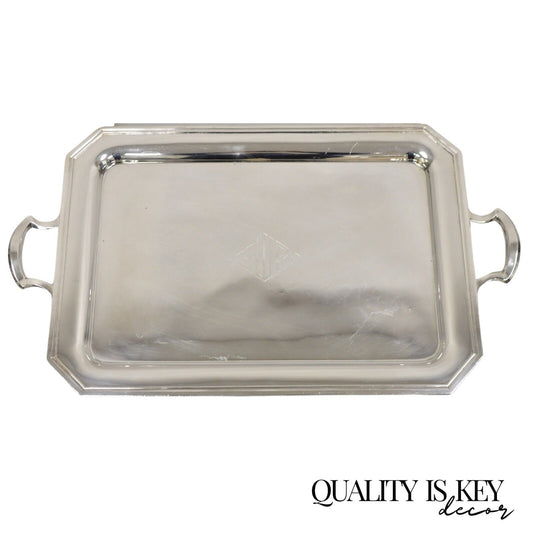 English Art Deco Silver Plated Twin Handle Serving Platter Tray w "GWB" Monogram