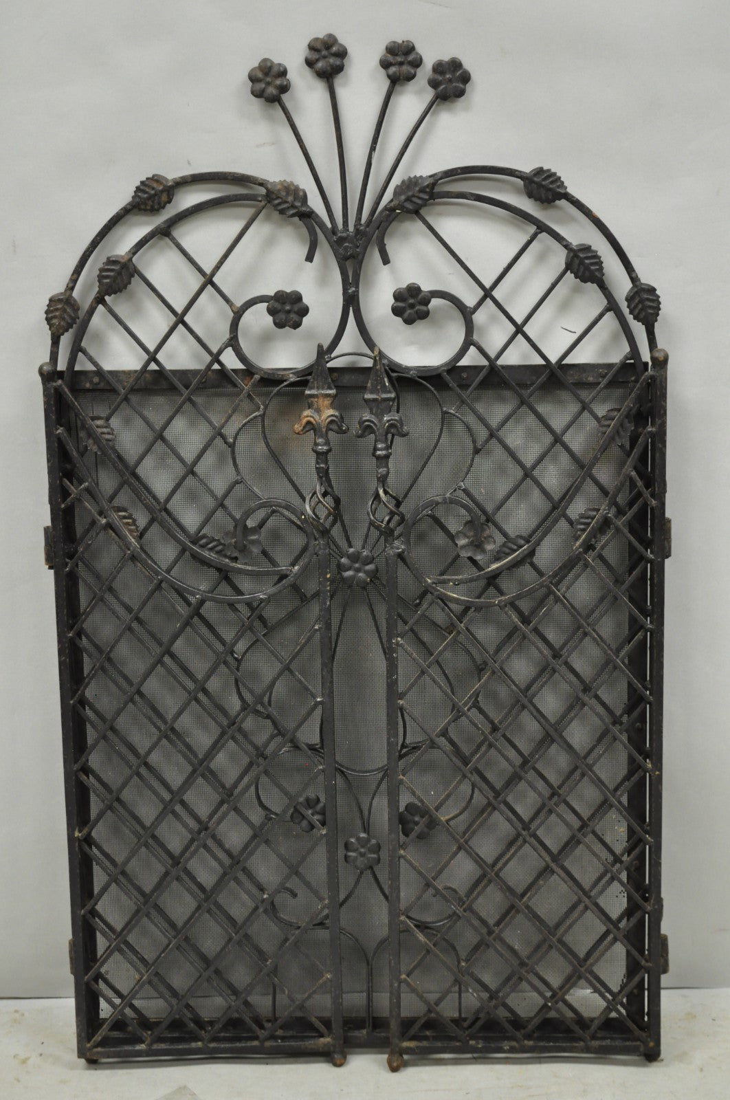 Antique Gothic Arts & Crafts Wrought Iron Scrolling Folding Fireplace Screen
