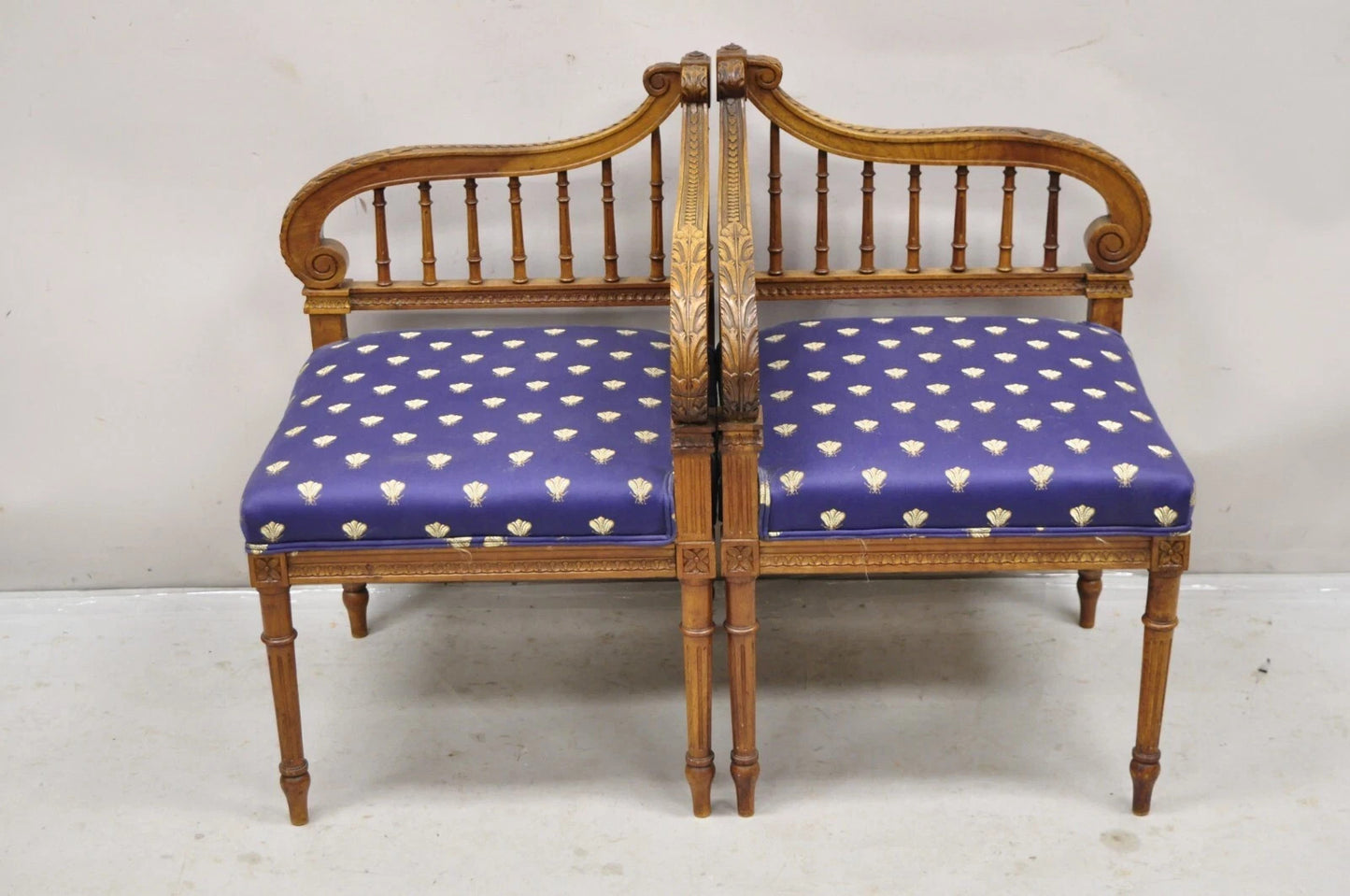 Antique French Louis XVI Style Carved Walnut Lyre Harp Corner Lounge Chair Pair