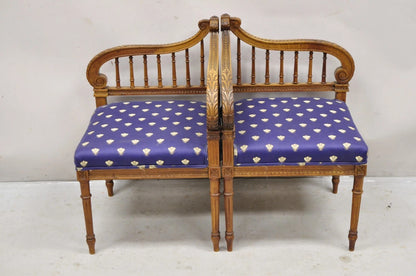 Antique French Louis XVI Style Carved Walnut Lyre Harp Corner Lounge Chair Pair
