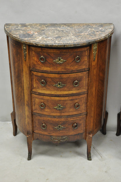 Antique French Louis XV Style Demilune Marble Top 4 Drawer Nightstand Table Pair