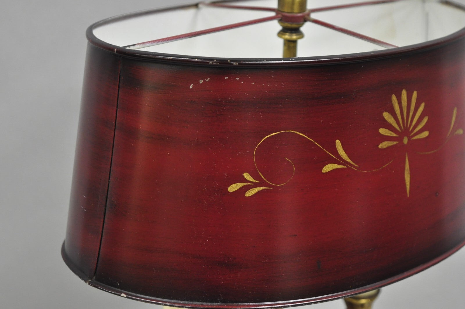 Vintage French Empire Red Painted Tole Metal Bouillotte Desk Table Lamp w/ Shade