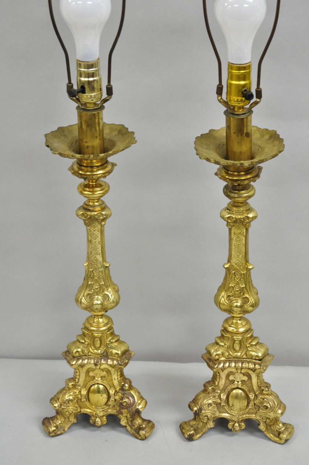 Vintage French Empire Baroque Ornate Brass Candlestick Table Lamps - a Pair