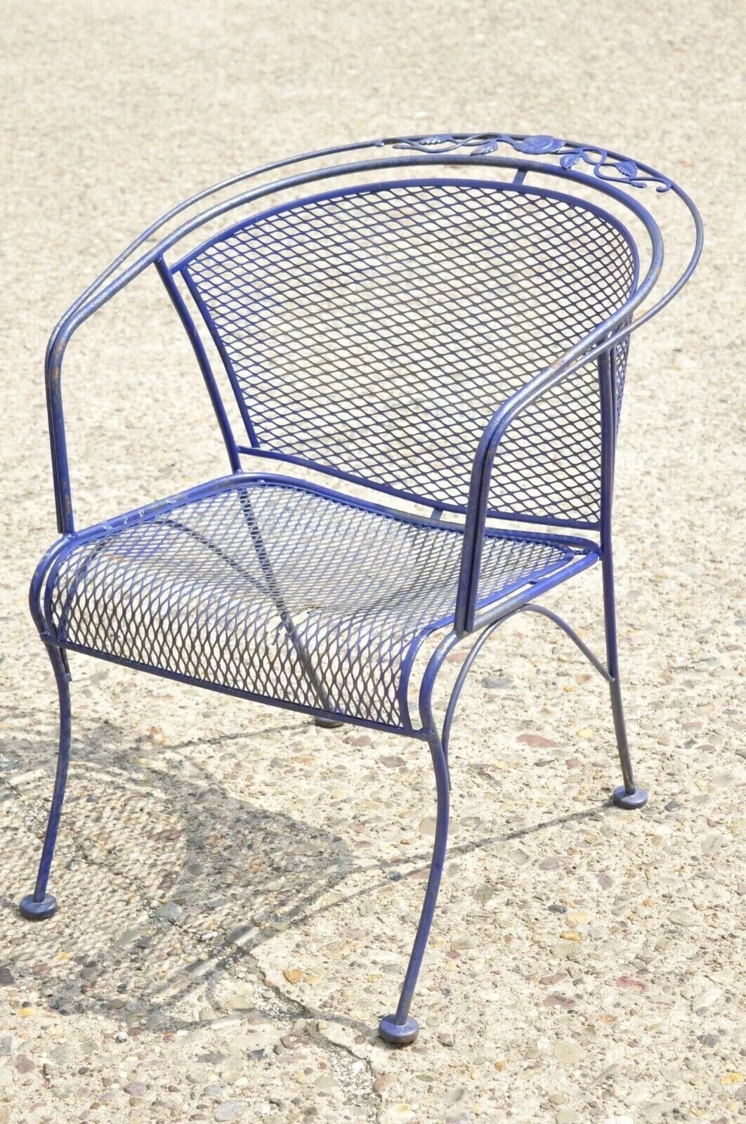 Woodard Rose Pattern Blue Wrought Iron Barrel Back Garden Chair Table - 3 Pc Set