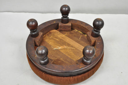 Antique Victorian Round Needlepoint Small Footstool Ottoman w/ 5 Walnut Bun Feet