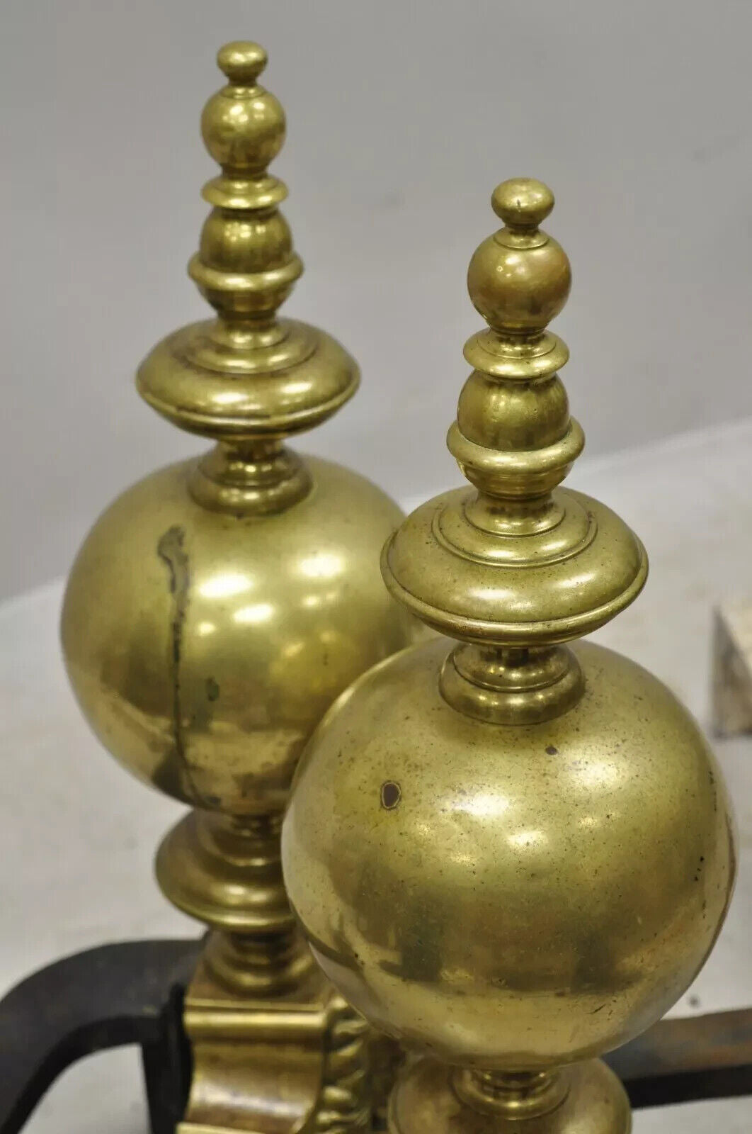 Vintage Beethoven Face French Rococo Brass Cannonball Fireplace Andirons - Pair