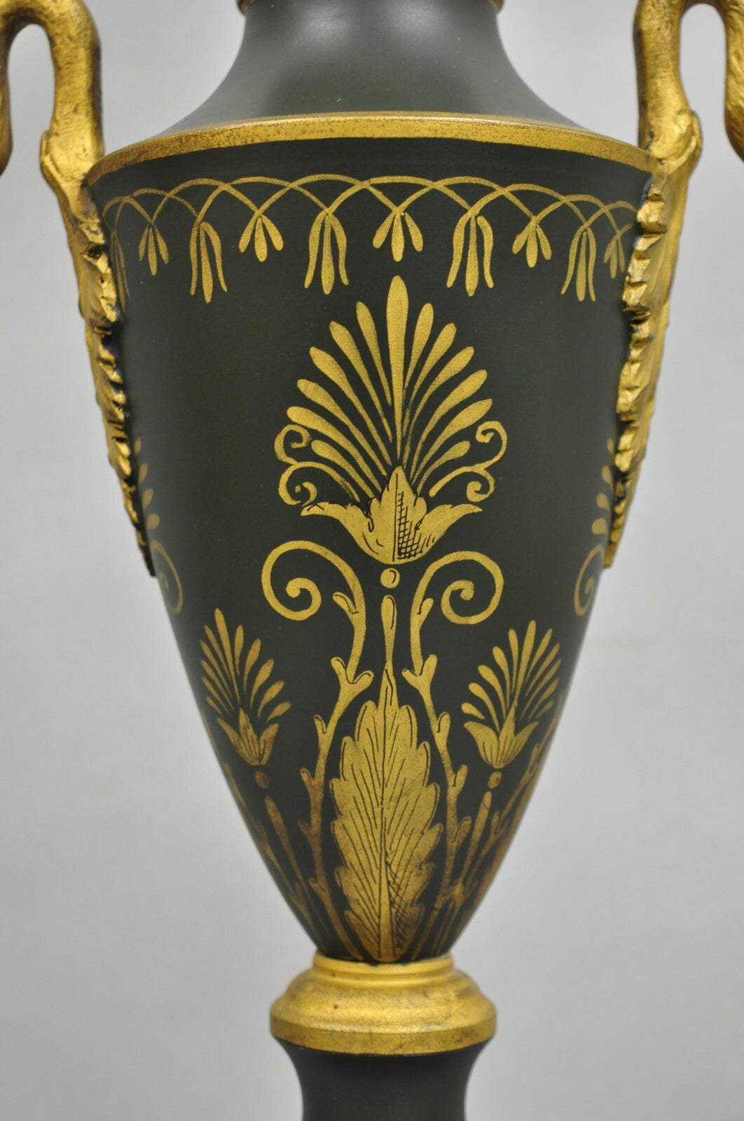 Vintage French Empire Green Tole Metal Gold Swan Painted Urn Table Lamp