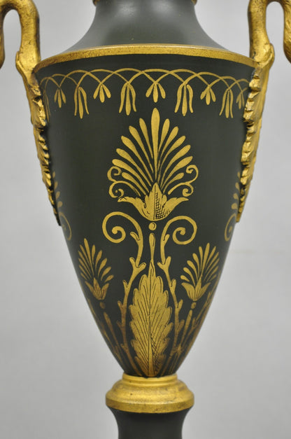 Vintage French Empire Green Tole Metal Gold Swan Painted Urn Table Lamp