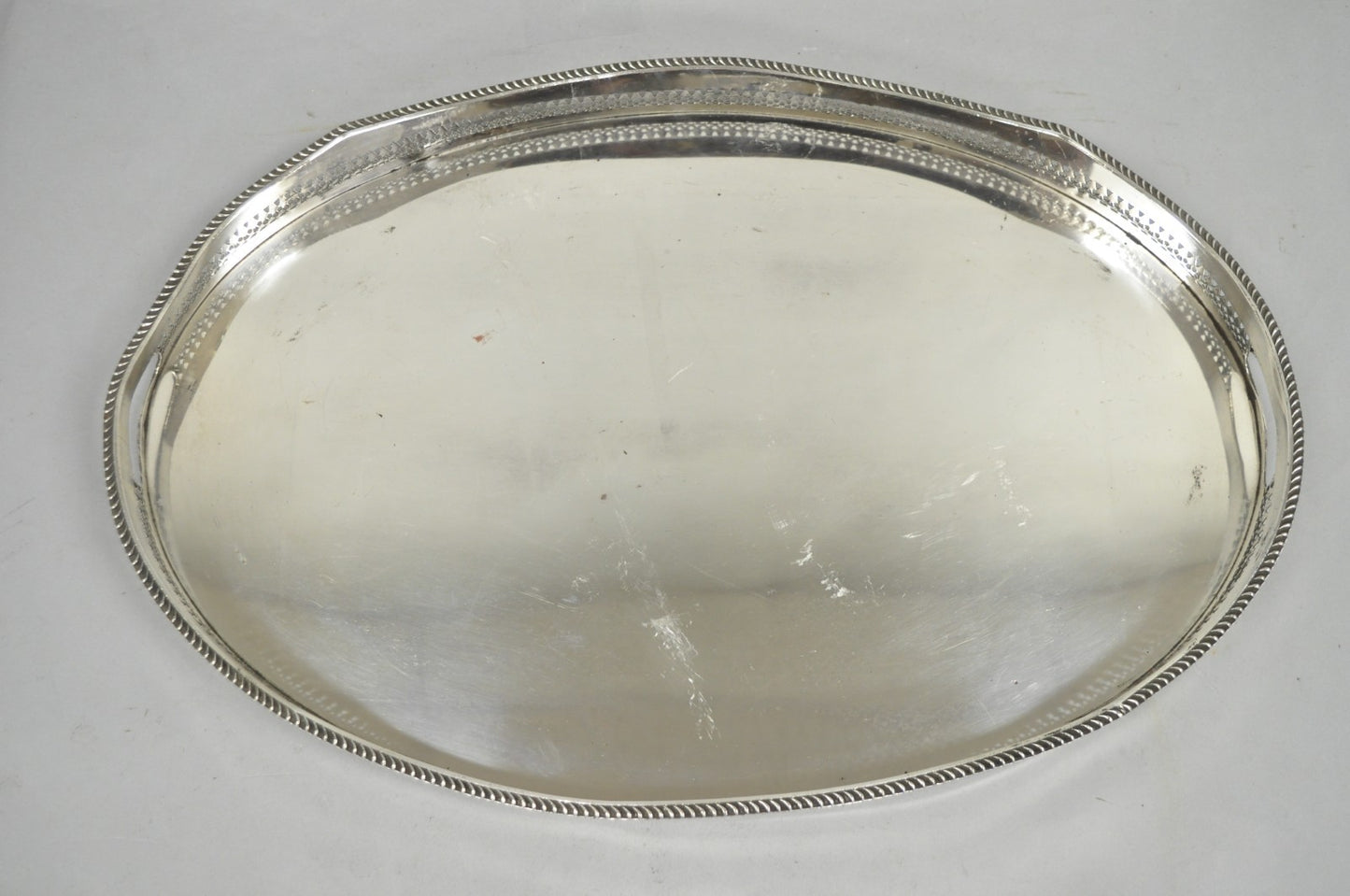 Antique English Edwardian Silver Plated Oval Bar Serving Tray w/ Raised Gallery