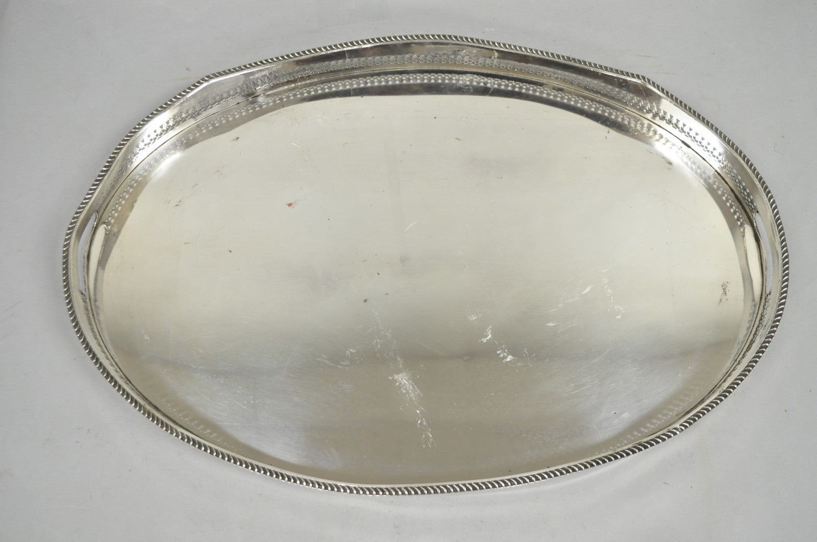 Antique English Edwardian Silver Plated Oval Bar Serving Tray w/ Raised Gallery