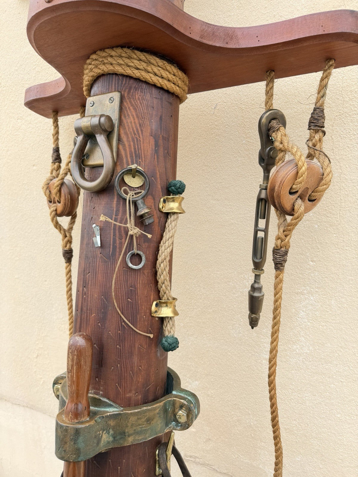 Vintage Custom Nautical Wood 95" Ship Mast Mancave Bar Island w Pulley & Ropes