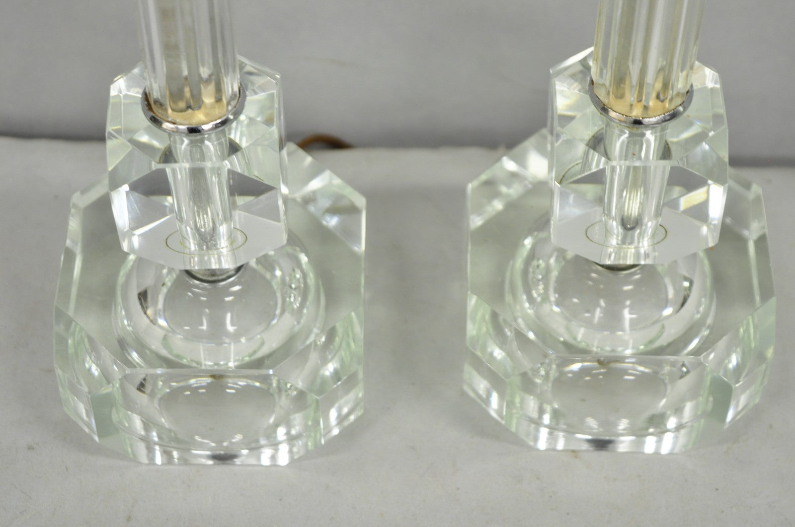 Vintage Art Deco Glass Column Candlestick Small Boudoir Vanity Bedroom Lamp Pair