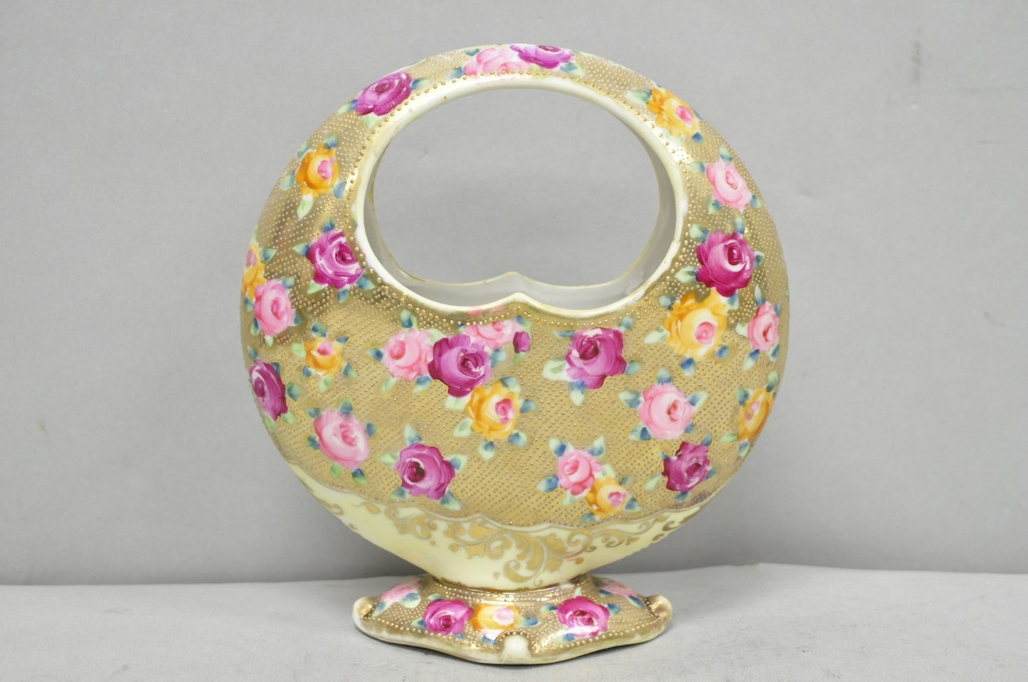 Antique Japanese Nippon Hand Painted Porcelain Gold Gilt Handle Moon Basket Vase