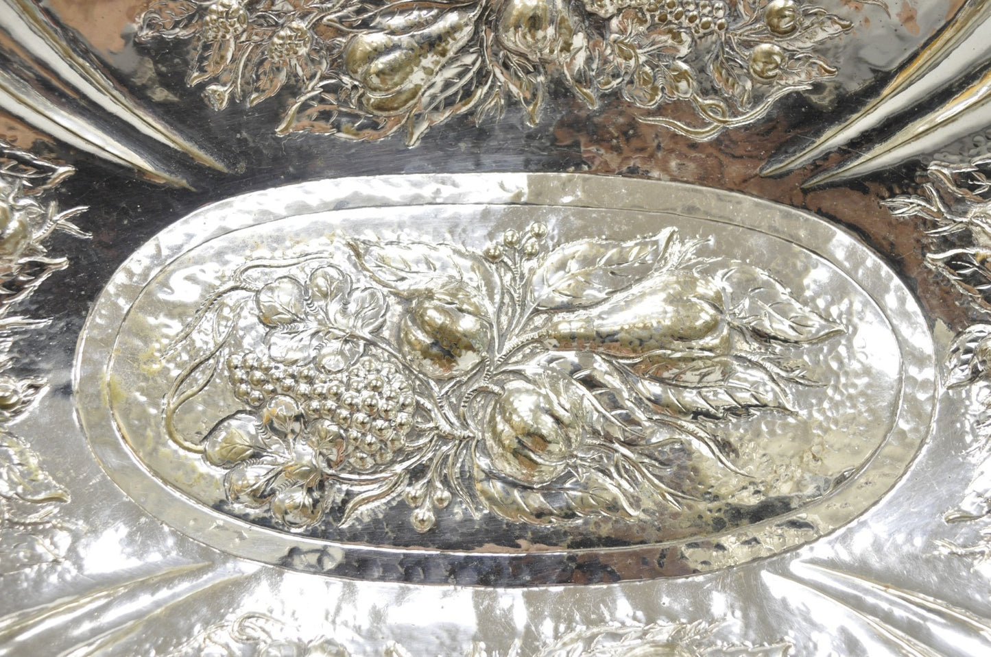 Antique Victorian Silver Plated Fruit Harvest Repousse Centerpiece Fruit Bowl