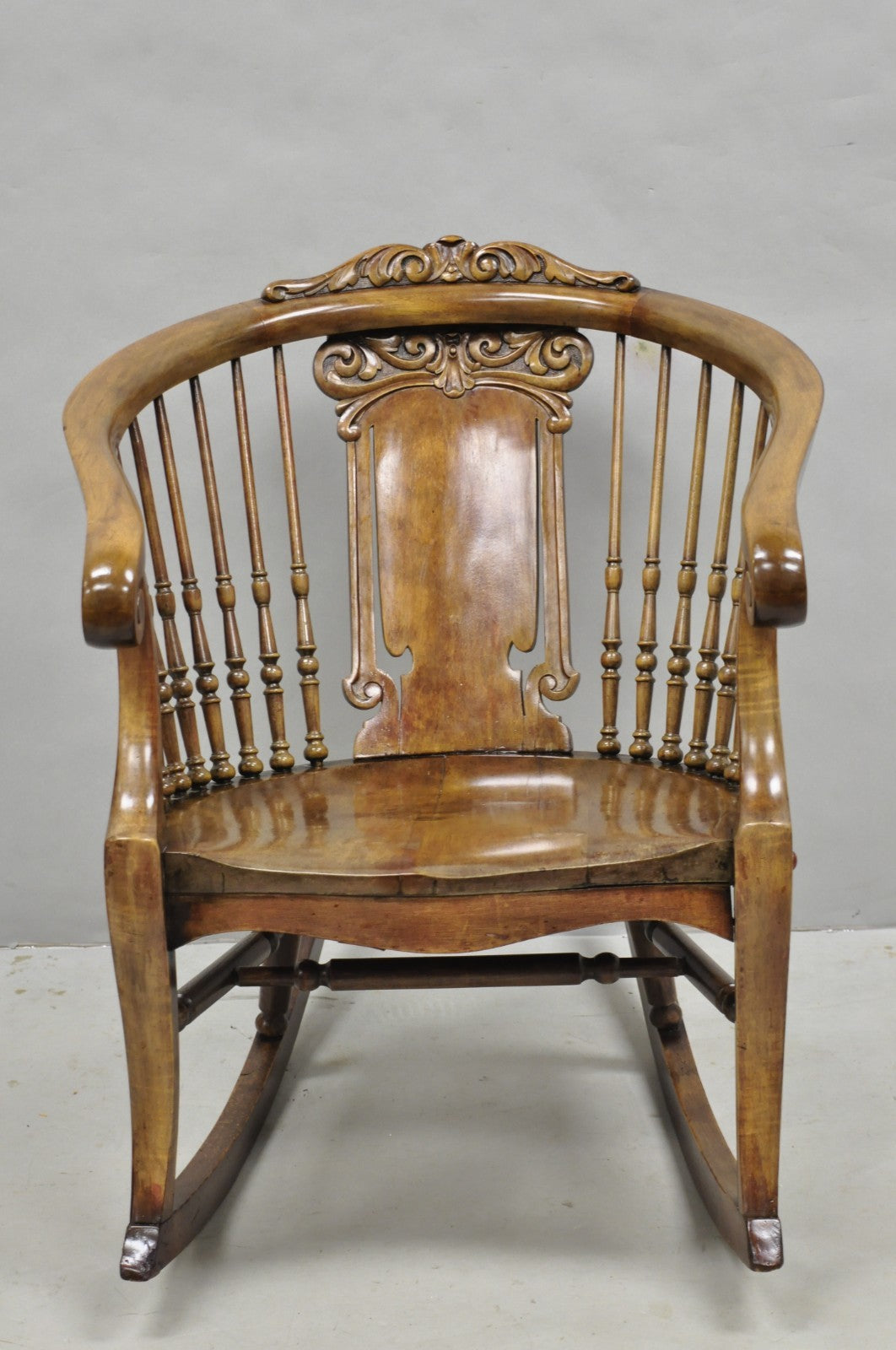 Antique American Victorian Carved Walnut Spindle Back Rocker Rocking Chair