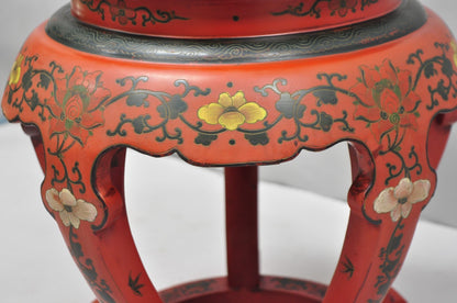 Vintage Chinoiserie Red Lacquer Pedestal Plant Stand Garden Stool Side Table (A)